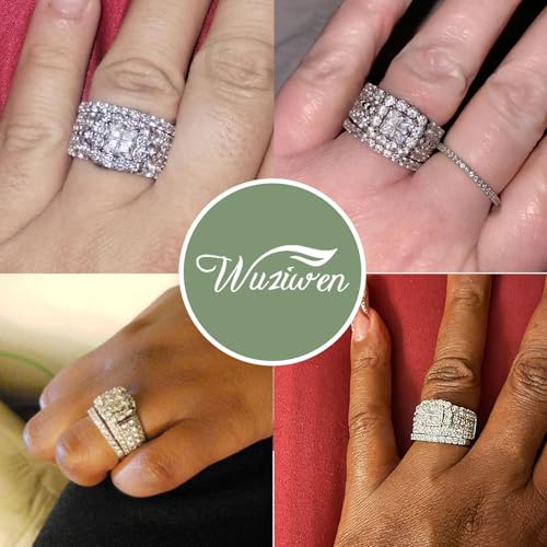 Wuziwen 4Ct Princess Engagement Ring Wedding Rings Set for Women 5A CZ 925 Sterling Silver Size 4-132
