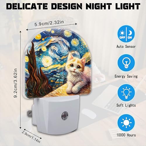 Image of Starry Night and Cute Cat Night Light for Kids, Abstract Oil Painting Plug in Night Light with Dusk to Dawn Sensor, 0.5w Energy Saving Nightlight for Hallway Stairway Kitchen Bedroom
