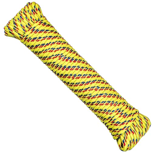 SteadMax 100 ft Poly Rope, Diamond Braided 1/4 inch Cord for Outdoors, Hiking, Camping, Heavy Duty Line, Polypropylene Multi Purpose Utility Cord, Clothesline Rope, Yellow (1 Pack)