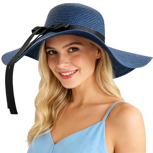 Sombrero de paja para mujer con ala ancha y protección UV miniatura 7