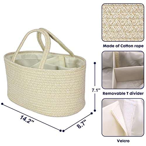 Image of XUANGUO Cotton Rope Baby Diaper Caddy Organizer Basket with Handles Oatmeal | Nursery Storage Bin, Portable Baby Tote Bag for Changing Table or Car, Baby Shower Gifts Bag, Newborn Essentials, Registry