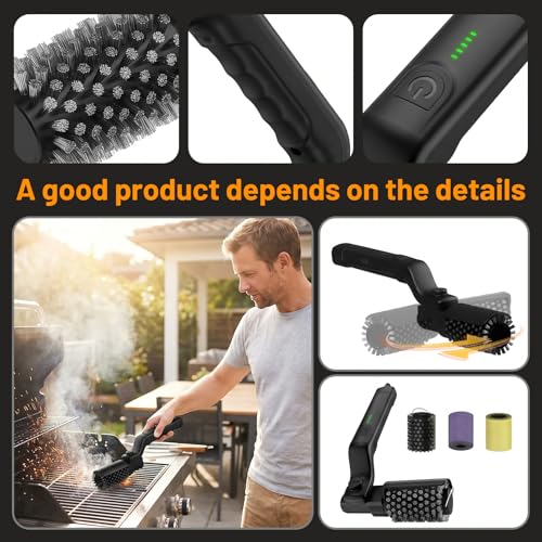 Elektrische Grillbürste,Akku-Betrieben,180°Verstellbarer Kopf,Edelstahl-Bürste,3 Stufen,90 Min Laufzeit,Wasserdicht IPX7 für Grillroste