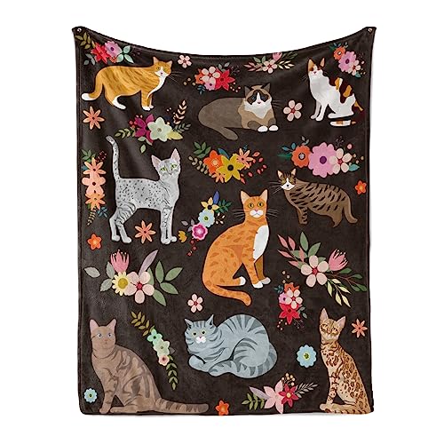 Cats Blanket Cat Present Soft Flannel Lightweight Cats and Flowers Throw Blanket for Kids Girls Boys All Season Cartoon Animals Blankets for Sofa Couch Bed Decorative Cat Blue Blanket 50x60inch