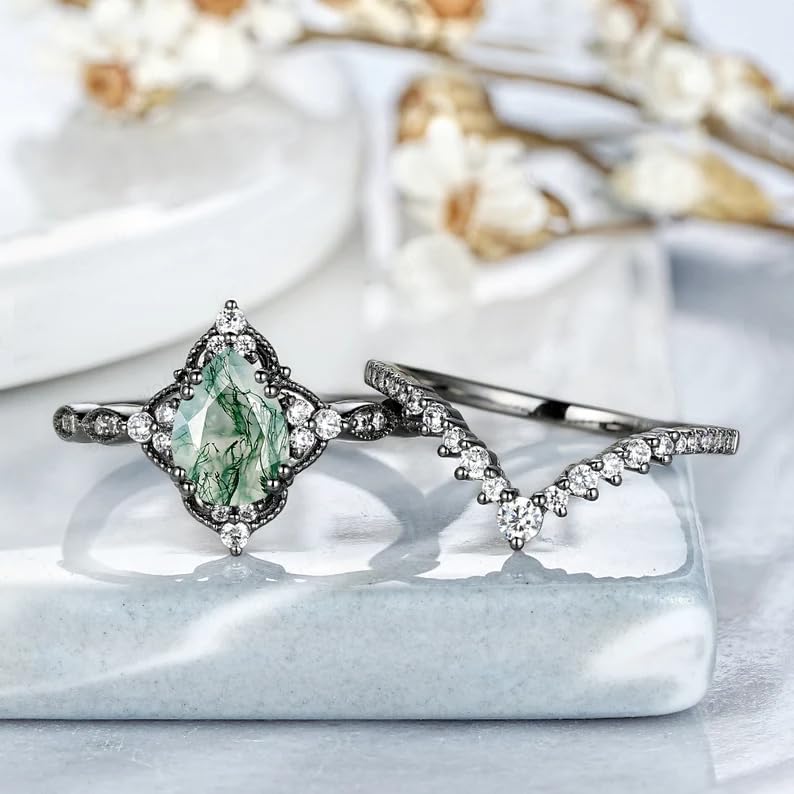 Black Gold Plated Natural Moss Agate Bridal Ring Set 925 Sterling Silver Genuine Green Pear Cut Moss Agate with Moissanite Ring Set Engagement Band Gift for Women Her2