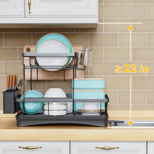 7 code Large Dish Drying Rack for Kitchen Counter,Detachable Large Capacity Dish Drainer Organizer with Utensil Holder,2-Tier Dish Drying Rack with Drain Board,Black - Image 7