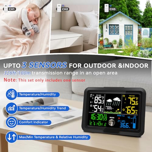 Digital Wireless Rain Gauge Outdoor, Home Weather Station Wireless Indoor Outdoor with Self-Emptying Rain Gauge, Thermometer, Barometer, Hygrometer, Atomic Clock, Weather Forecast and Alerts - Thumbnail 4