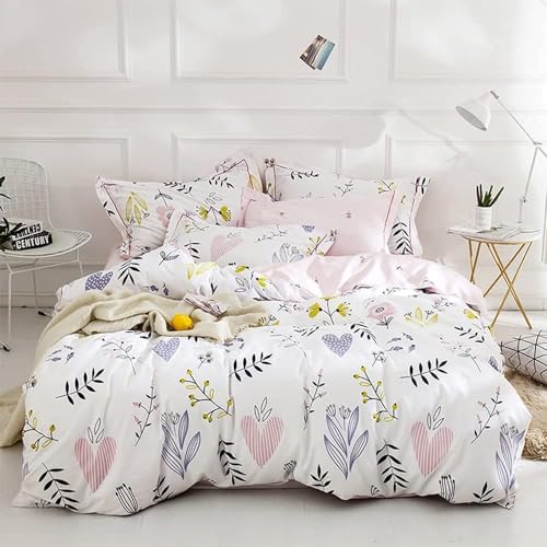 Sedefen Housse de Couette 220x240cm Rose Blanc Feuilles Floral Fleurs Ado Adultes Parure de Lit 2 Personnes Motif du cœur Réversible Housse Couette en...