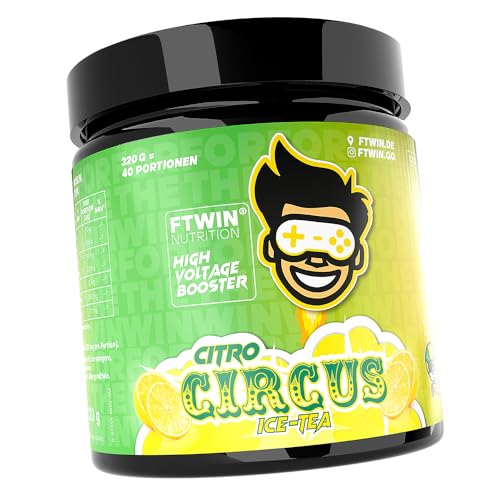 FTWIN HIGH VOLTAGE BOOSTER | Eistee Zitrone | Für GAMER und E-SPORTLER | REFLEX – FOCUS – ENERGY – ENDURANCE | 320 g = 40 Portionen (Citro Circus)