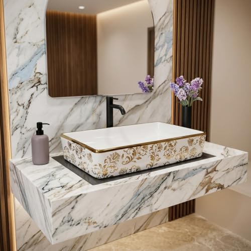Image of Luxurious Golden Table Top for Bathroom /Ceramic Bathroom Wash Basin /Countertop Wash Basin /Vessel Sink (24x14 Inch)