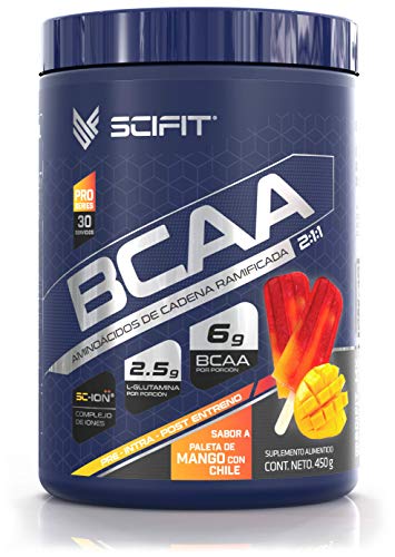 Scifit | Aminoácidos BCAA | 6 g de BCAA 2:1:1 | 2.5 g de L-Glutamina | 30 Servicios | Sabor Paleta Mango con Chile | Post-Intra Entrenamiento | Con Complejo de...