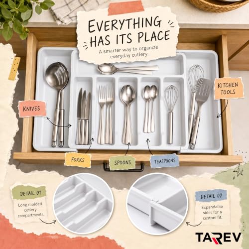 Image of Drawer Organizer Tray /Kitchen Expandable Utensil Tray /Adjustable Utensil Organizer /Cutlery Silverware Flatware Holder /Divider for Spoons Forks Knives Tableware (White, 2 Pcs)