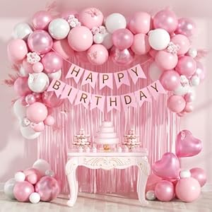 Pink Birthday Decorations with Pearl White Light Pearl Metallic Pink Foil Balloons Fringe Curtain Banner for Happy Birthday Decorations for Women