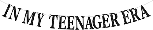Cartel de In My Teenager Era, oficialmente adolescente/Hello 13, suministros de decoración de fiesta de feliz cumpleaños de 13, purpurina negra