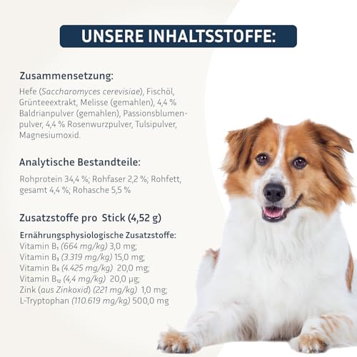 PetFokus Happy Relax | Einzigartige Formel für Hunde mit Baldrian, Melisse, L-Tryptophan und B-Vitaminen - hochwertige Nahrungsergänzung - 30 Sticks - in Deutschland produziert