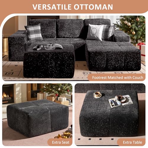Image of 37.8 inch Glitter Velvet Ottoman for Couch, Memory Foam Cloud Boneless Sectional Couch for Living Room Foot Stools No Assembly Require (Sparkly Velvet, Gray)