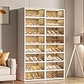 Beeveer 8-Tier Foldable Shoes Rack Organizer Clear Plastic Shoes Rack for Closet Shelf Collapsible Large Storage Box Stackable Easy Assembly Shoe Cabinet with Lids and Door(for 32 Pairs)
