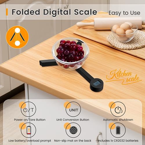 Folding Digital Kitchen Scale, Highly Accurate Compact Portable Food Scale with LCD Display, Auto Power Off and Tare Features, for Measuring Intake of Healthy Eating People (Black)