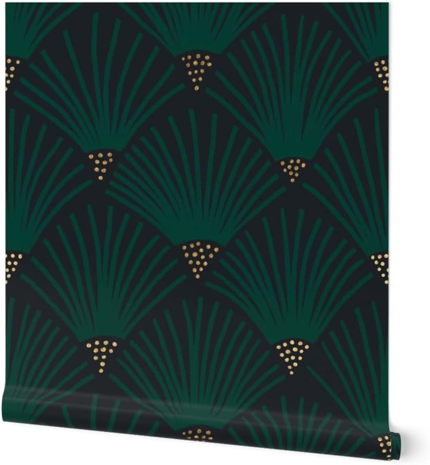 Spoonflower Removable Wallpaper 3ft x 2ft - Dark Emerald Green Art Deco Scallop Scale 1920S Elegant Custom Pre-Pasted Wallpaper
