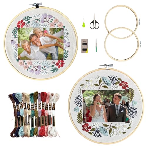 Image of La glanese Embroidery Kit for Adults, Needlepoint Kit of 2 Floral Photo Frame Patterns for Valentines Anniversary Wedding, Beginners Friendly with Paper Guidelines and Tutorial Videos