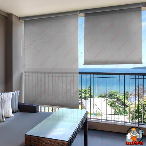 Image of HIPPO 180 GSM HDPE Outdoor Balcony Roller Blind with UV & Dust Protection- Smooth Corded Roll-Up & Down System, Light Filtering Shade for Balcony & Garden Use (Pebble-Grey, 3FTX8FT)
