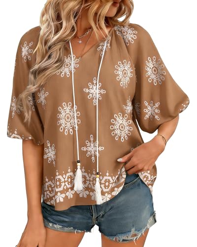 Summer Boho Tops for Women Short Sleeve V Neck Tassel Tie Front Blouse Floral Tunic Beach Vacation Flowy Shirts Brown Printed L