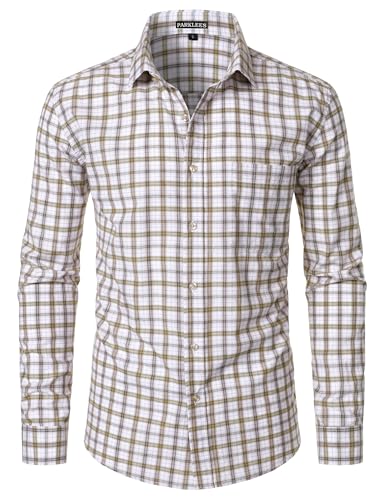 PARKLEES Mens Lightweight Plaid Shirt Casual Slim Fit Checked Long Sleeve Button Down Shirts with Pocket Beige Plaid Large