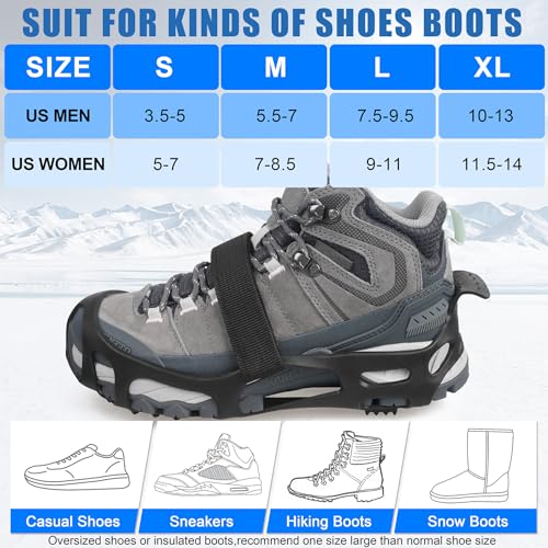Ice Cleats, Crampons Snow Traction Ice Cleats for Shoes and Boots Women Men, Non Slip Grippers Spikes for Shoes with Straps, Slip-on Rubber Overshoe Stretch Footwear for Winter Walking Hiking Fishing - Thumbnail 5