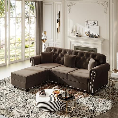 Image of KEIKI 83 inch Velvet Chesterfield Sofa with Rolled Arms & Nailhead Trim & 1 Ottoman, Modern 3-Seater Button Tufted Couch with High Resilience Cushion & 3 Pillow, Easy Assembly, for Living Room, Brown