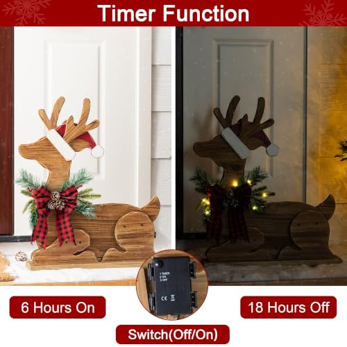 Image of Glitzhome 25.75 inchH Lighted Christmas Reindeer Porch Sign,Chunky Wood Reindeer Porch Decor with Timer,Merry Christmas Welcome Sign for Holiday Party Indoor Outdoor Xmas Decorations