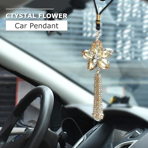 Image of AuMoHall Crystal Flower Rear View Mirror Pendant Car Hanging Ornament Lucky Charm with Dangle Beads, Champagne