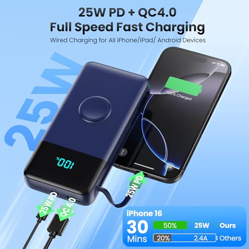 Image of Portable Charger Power Bank 40800mAh with Built-in Cables,25W Fast Phone Charging Portable Battery Pack,5 Outputs Travel Essentials Outdoor External Battery for iPhone 17 /16,Galaxy Android etc-Blue