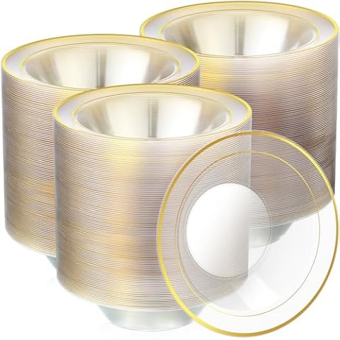 Tanlade 100 Pcs Plastic Bowls with Gold Rim 12 oz Disposable Soup Bowls Elegant Party Dessert Bowls Disposable Dinnerware Fancy Shatterproof Tableware for Serving Food, Wedding, Holidays (Clear) Cover