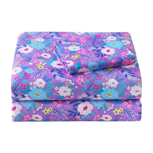 Image of Viviland 3 Pieces Girls Floral Twin Sheet Set - Soft Microfiber Fitted Flat Sheets & Pillowcase Bed Sheet Set - Purple Flowers Bedding Sets for Kids