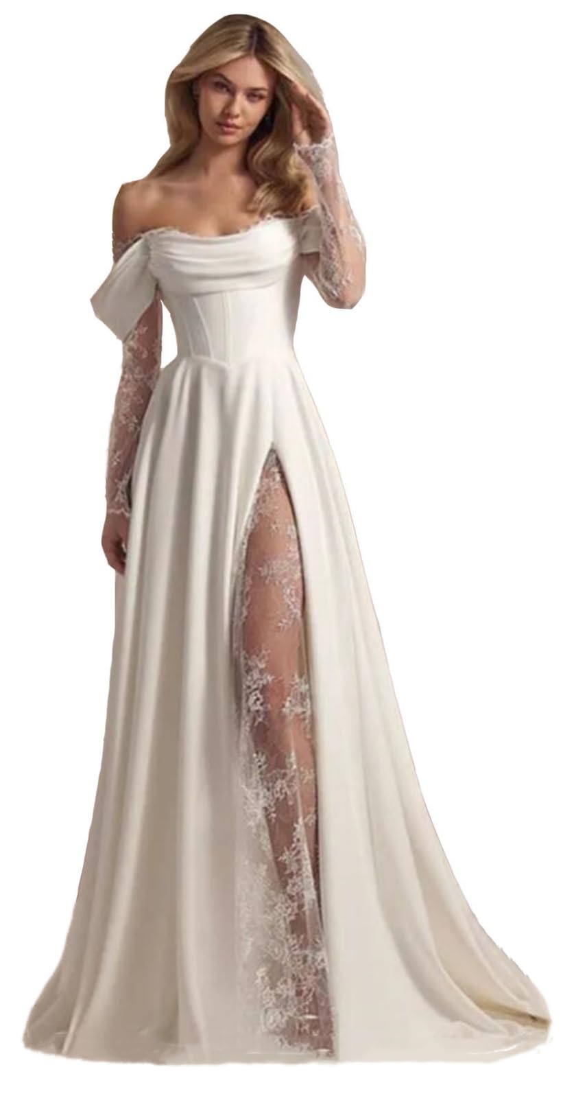 TSxuelian Vestido de novia de satén con hombros descubiertos para mujer, vestido de novia estilo Bohe