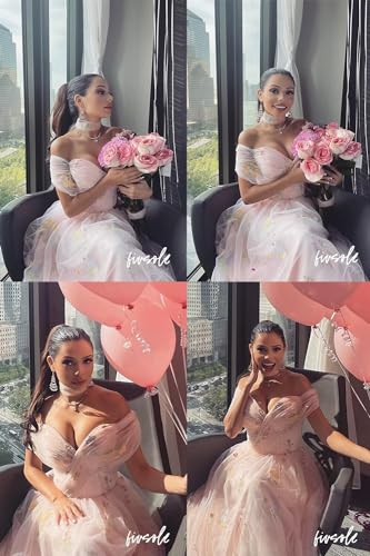 Fivsole Women's Off Shoulder Puffy Sleeve Prom Dress Flower Embroidered Tulle Short Formal Evening Party Gowns3