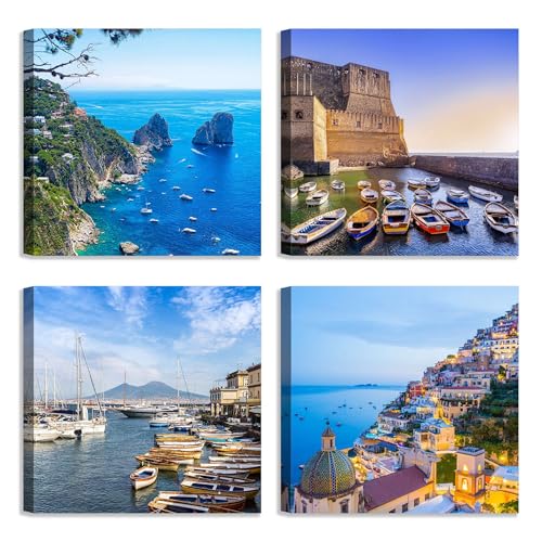 LuxHomeDecor Set di 4 quadri 30x30 cm - stampa su tela con telaio in legno – Costiera e Golfo di Napoli: Capri, Positano, Vesuvio
