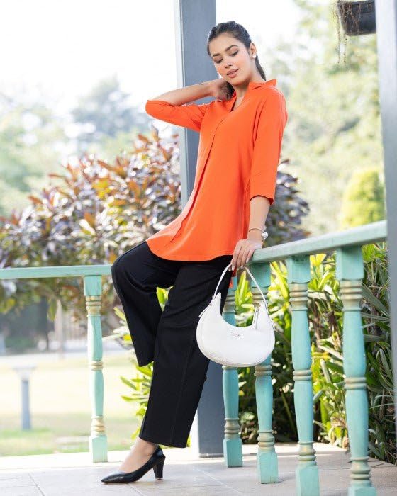 Image of Mlada Rayon Flare Top for Women | 3 /4th Sleeve Regular Fit and Flare Top | Women Office Tops Tunic | Western Long Shirt Top for Women | Shirt Collar Top for Women | Rayon Tunic Tops for Women Western