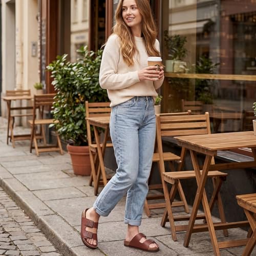 Image of ZURIN Genuine Leather Sandals for Women,Cork Footbed Slide Platform Sandals with Arch Support, Suede Double Buckle Slip On Slides for Summer Beach Walking Indoor Outdoor