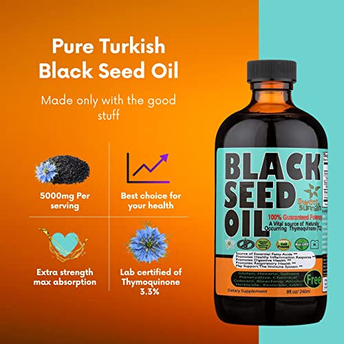 Pure Turkish Black Seed Oil Liquid - 2.26% Thymoquinone Cold-Pressed Black Cumin Seed Oil From Pure Nigella Sativa - First Pressing Blackseed Oil For Immune Support 8 Oz Glass Bottle Sweet Sunnah #TOP2