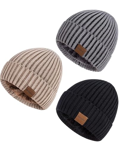 Nertpow Beanie Mütze Herren Winter 3 Stück, Damen Herren Mütze Winter Warme Thermo Fleece Gefüttert, Beanie Herren Dick Stricken Modische Totenkopfmütze Beanie für Jungs(Schwarz+Grau+Khaki)