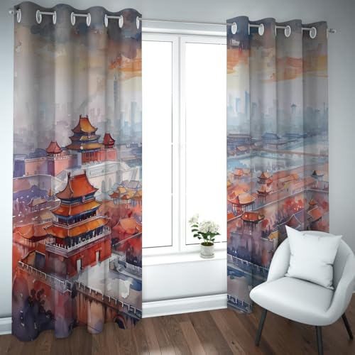 CHERHERART Pabellón Oriental Cortinas Opacas Acuarela Palacio Chino Cortinas oscuras para el salón Ojeros Parte Superior 2 Paneles 2xB132xH175