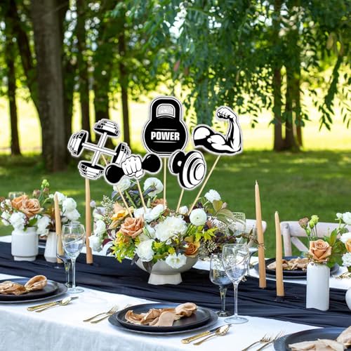 Image of Gym Workout Theme Centerpiece Sticks,Biceps Dumbbells Kettlebells Abodominal Wheels Bodybuilding Table Toppers,Baby Shower Party Supplies Black.Set of 15