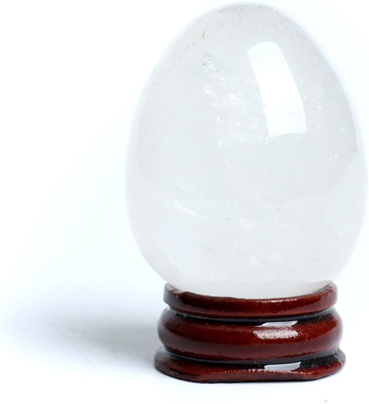 HongJinTian Natural Clear Crystal Carved Eggs with Free Wood Stand Crystal Reiki Crafts Eggs for Chakra Healing