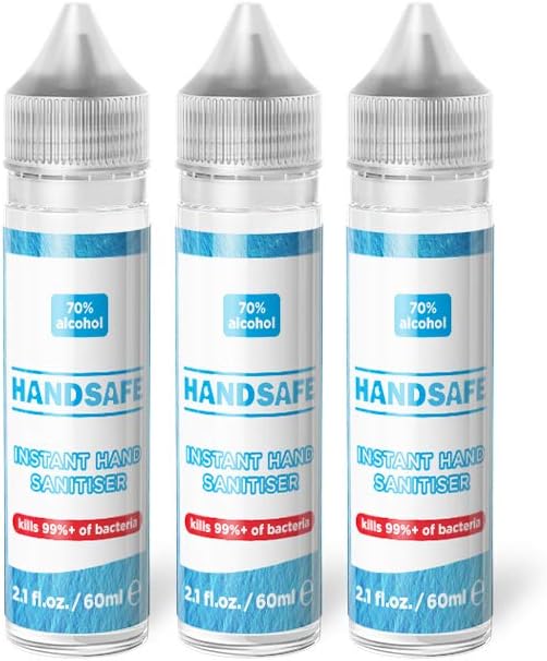 3 x 60ml Instant Hand Sanitiser Liquid Rub Multipack from Handsafe, Kills 99.9%+ Bacteria, 70% Alcohol Based, Medical Grade, Anti Bacterial Fast Acting Formula