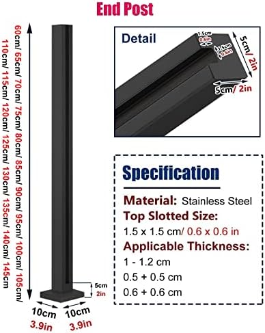 Heavy Duty Black Square Glass Railing Post - 49.2in Balustrade Kit for Balcony, Deck, Garden & Hallway - Sturdy Pillar System for Contemporary Outdoor Fencing