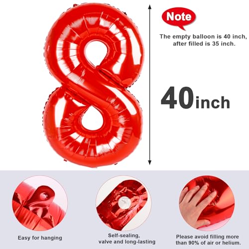 Image of 8 Balloon Numbers Birthday Decorations, 40In Red Balloons for Men Women | Eye-catching Appearance, Perfect Decorative Centerpieces, Convenient Self-sealing Structure, Widely for Various Occasions