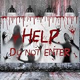 Halloween Bloody Backdrop, Help Do Not Enter Scary Horror Halloween Wall Blood Splatter Background Banner for Photography, Photoshoot, Props, Party Decoration, 6.07 x 3.61 Feet