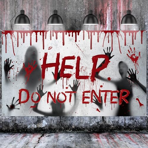 Halloween Bloody Backdrop, Help Do Not Enter Scary Horror Halloween Wall Blood Splatter Background Banner for Photography, Photoshoot, Props, Party Decoration, 6.07 x 3.61 Feet