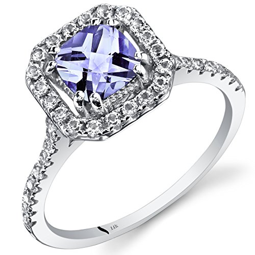 14K White Gold Tanzanite Cushion Cut Halo Ring 1.00 Carats Size 6