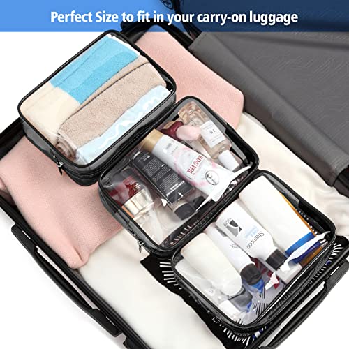 Image of Clear Toiletry Bag, Packism 3 Pack TSA Approved Toiletry Bag Quart Size Bag, Travel Makeup Cosmetic Bag for Women Men, Carry on Airport Airline Compliant Bag, Black Active & Black Active, 2 Pack, 1 Medium, 1 Large